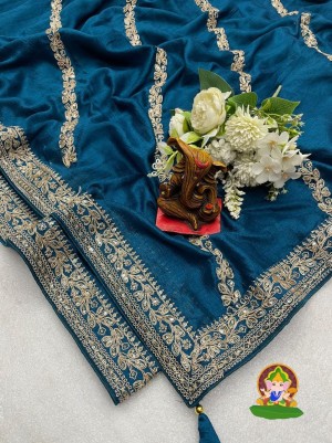 Fancy vichitra blooming sequence silk teal saree